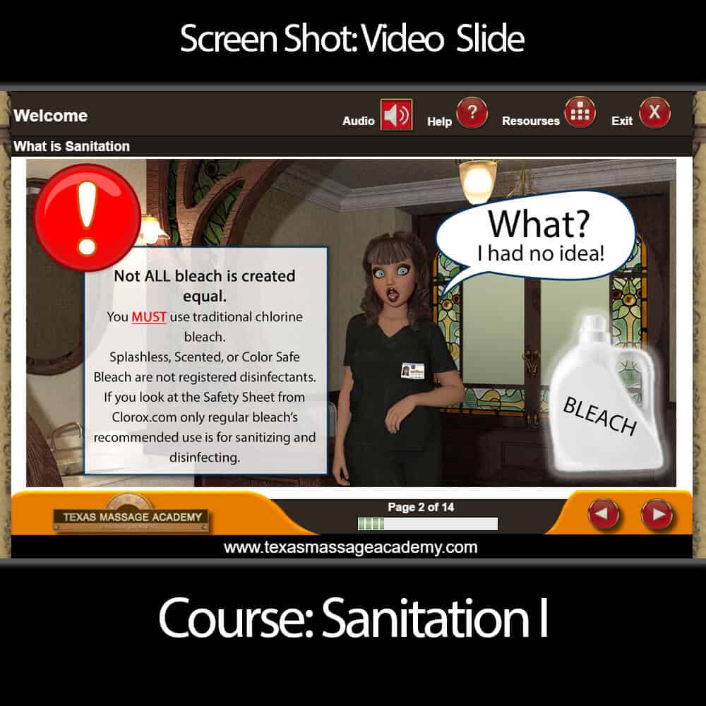 Screen shot of online ce massage course from TexasCEU sanitation